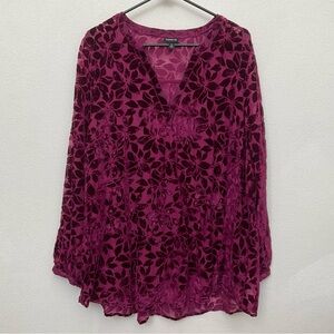 Torrid Dark Pink Crushed Velvet Floral V-Neck Long Sleeve Blouse Size 2X